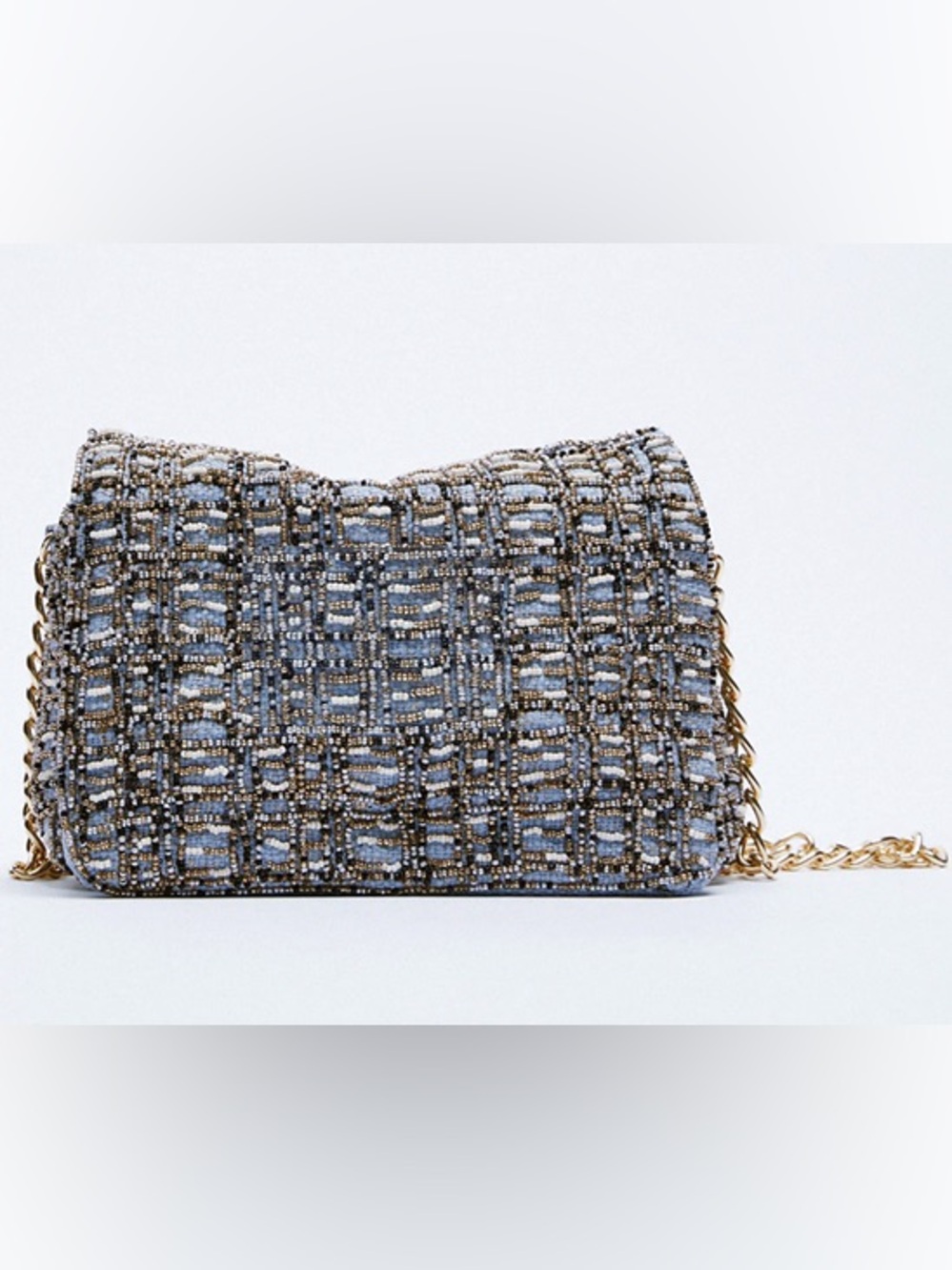 Zara Beaded Tweed Clutch with Gold Chain